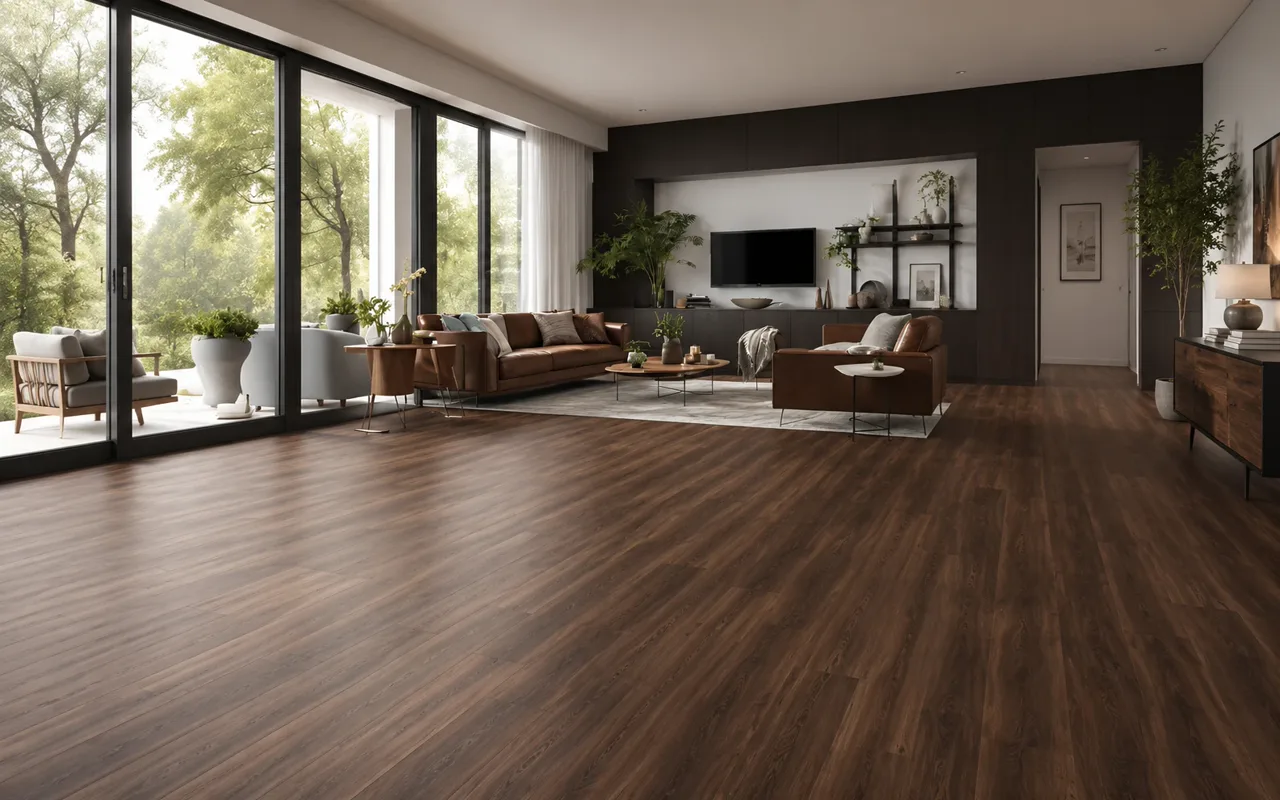 Dark walnut luxury vinyl plank flooring in an open living room