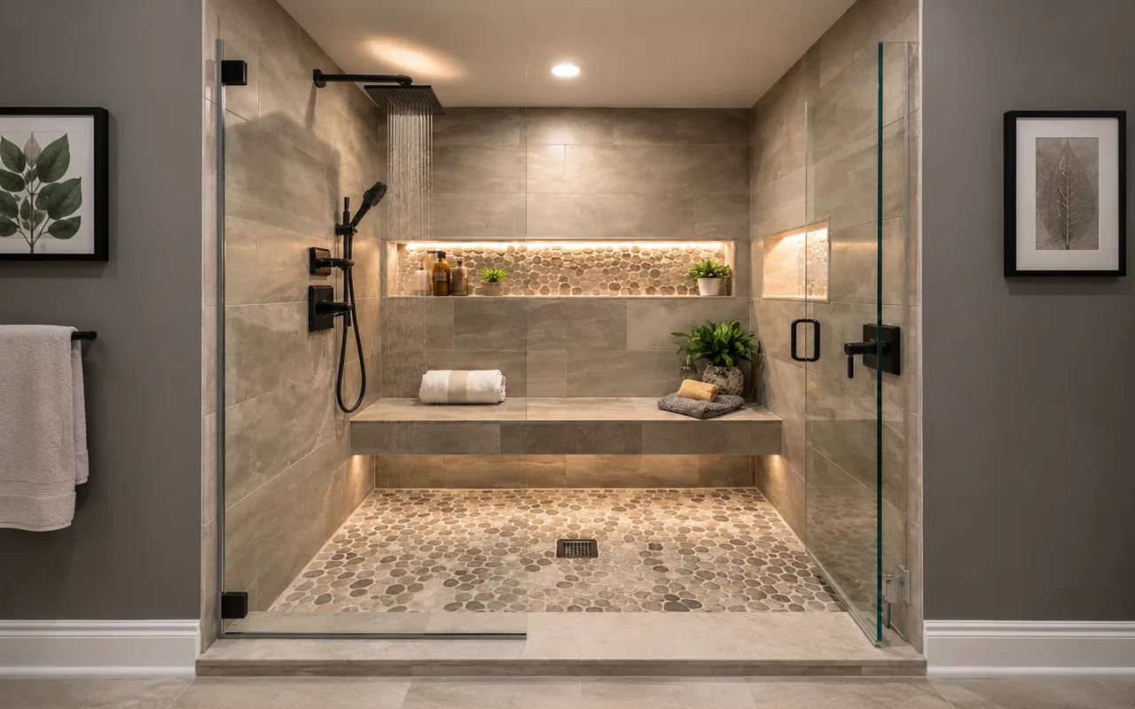 Custom walk-in shower with stone tile, a built-in bench, and frameless glass