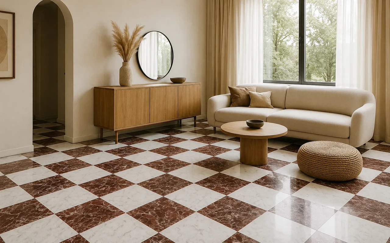 Marble-look tile floor laid level through a bright living space