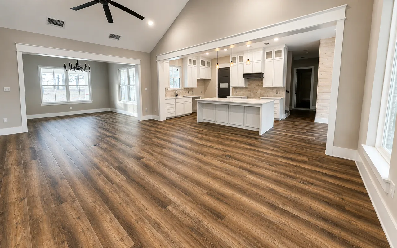 Wood-look luxury vinyl plank flooring through an open kitchen and living area