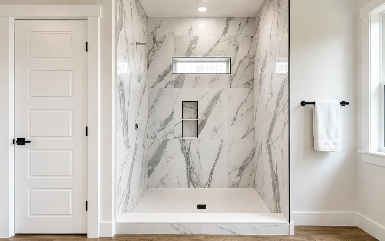Custom walk-in shower tiled in white marble with a recessed niche